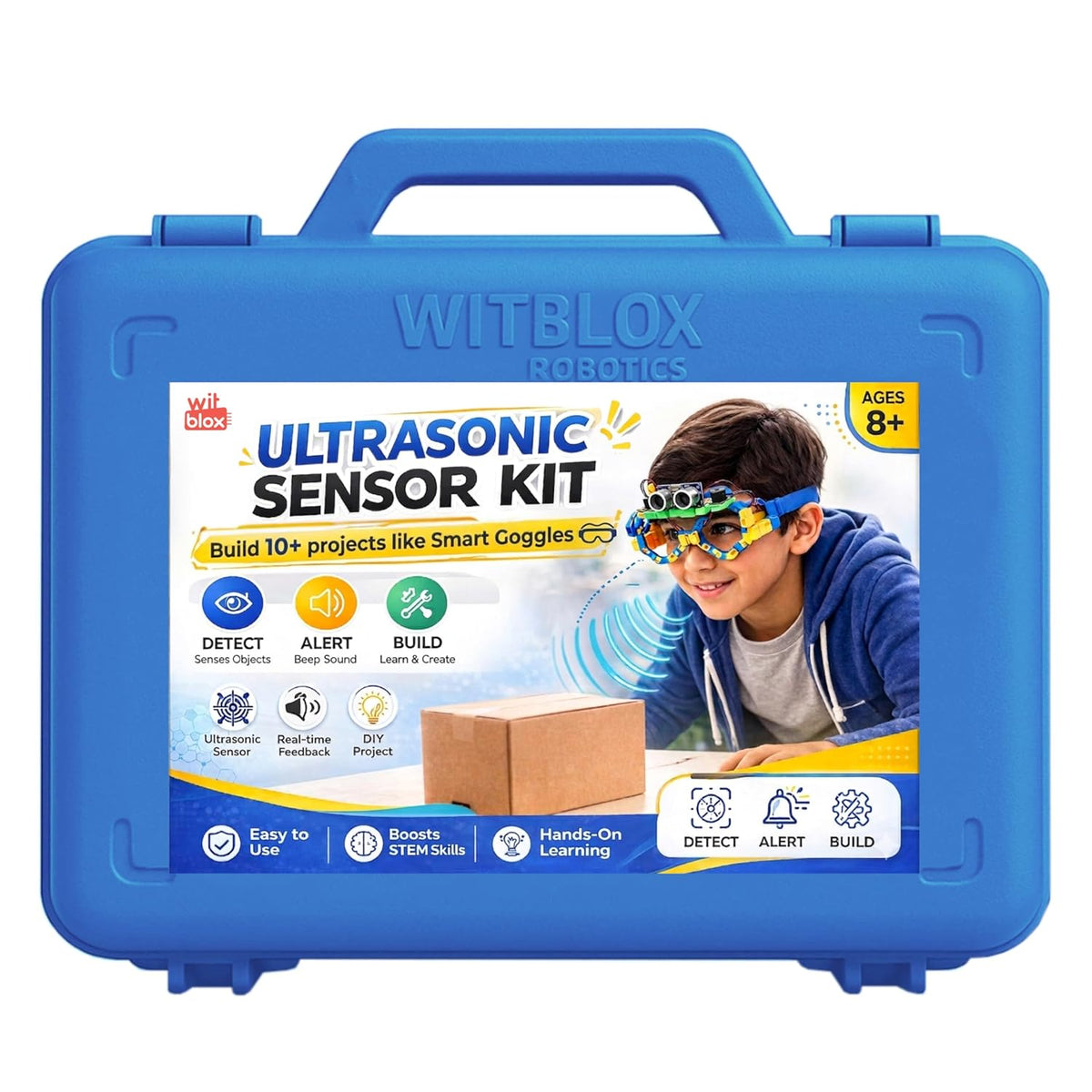 Blue WITBLOX Ultrasonic Sensor Kit packaging with a child and educational graphics on a white background. WitBlox Sonar Ultrasonic Sensor Kit at Go Science image 1