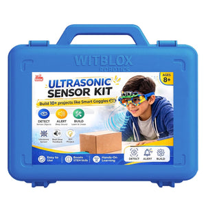 Blue WITBLOX Ultrasonic Sensor Kit packaging with a child and educational graphics on a white background. WitBlox Sonar Ultrasonic Sensor Kit at Go Science image 1