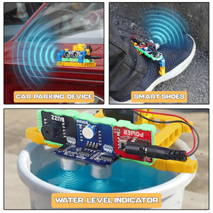 Collage of three electronic devices: a car parking device, smart shoes with sensors, and a water level indicator. WitBlox Sonar Ultrasonic Sensor Kit at Go Science image 5