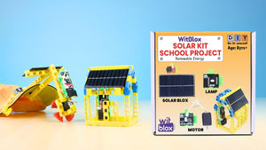WitBlox Solar Kit School Project with solar panel and other components on a blue background