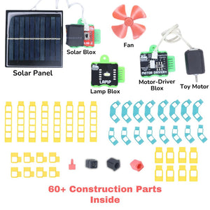 Collection of solar-powered building blocks with labeled components on a white background.