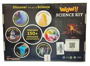 Box of a science kit with various experiment illustrations and text on a black background.