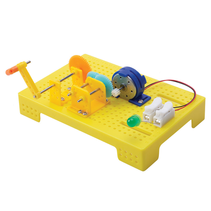 Yellow educational robotics kit with gears and wires on a white background. bitsy-Build Your Own Hand Dynamo Power Generator DIY Stem Learning Kit go science product image 2