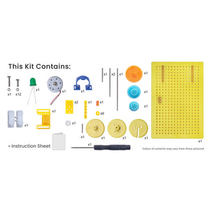 List of components included in a kit with a yellow pegboard on a white background. bitsy-Build Your Own Hand Dynamo Power Generator DIY Stem Learning Kit go science product image 3