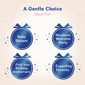Promotional graphic for 'A Gentle Choice' with blue circular icons and text on a beige background. Chicco Baby Moments Essential Set Gift Set for Babies 0M+ Blue go littles product image 5