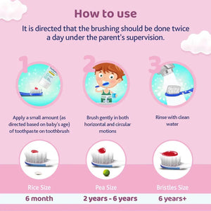 Instructions on how to use a children's toothbrush with illustrations and text on a pink background. chicco Toothbrush Pink 6M to 36M go littles product image 8