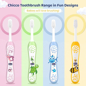 Four Chicco toothbrushes in different colors with animal designs on a colorful background. chicco Toothbrush Pink 6M to 36M go littles product image 9