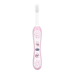 Pink children's toothbrush with brand logo on a white background. chicco Toothbrush Pink 6M to 36M go littles product main image