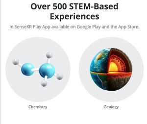 Promotional graphic for SenseXR app with STEM-based experiences, including chemistry and geology illustrations.