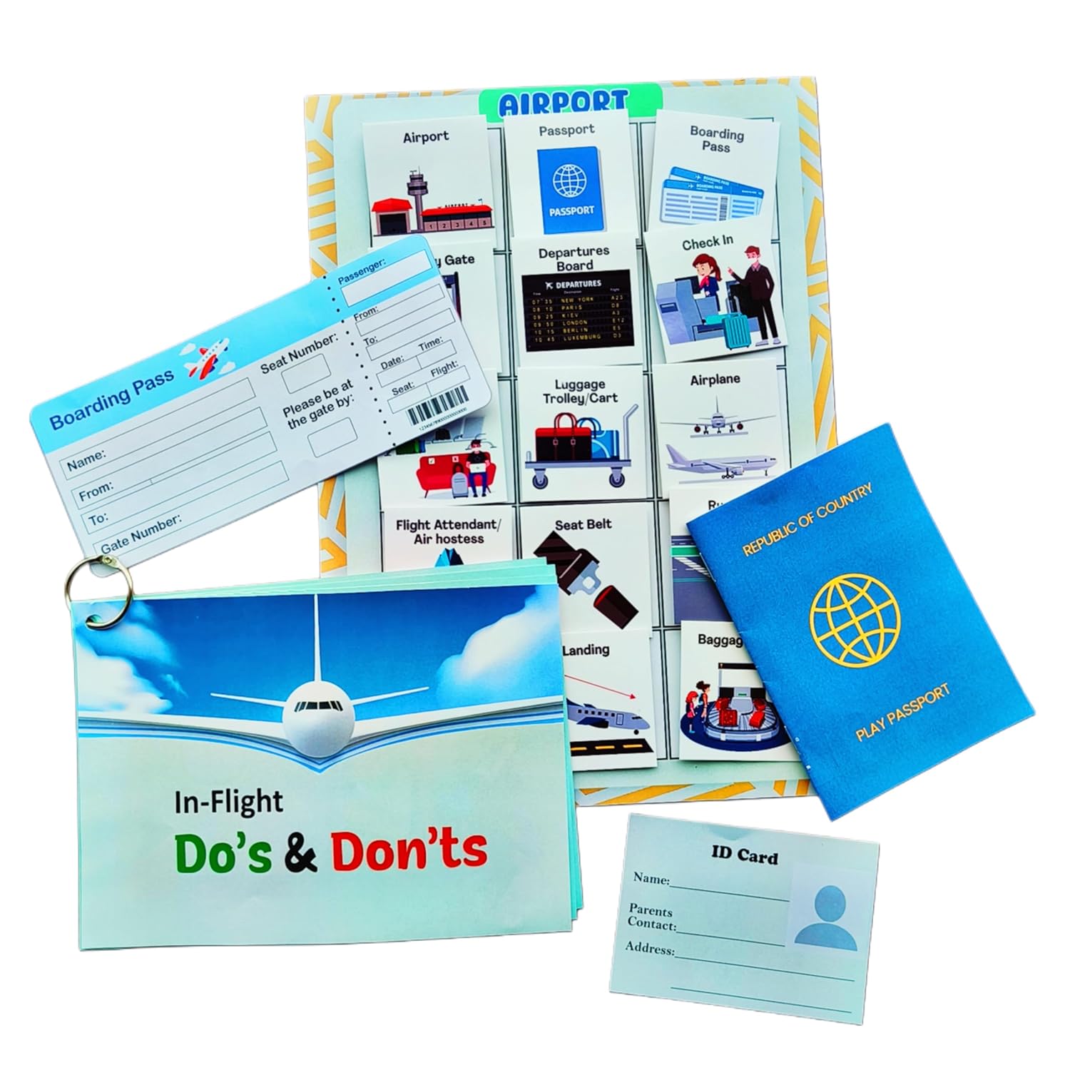 Collection of travel-themed items including a passport, boarding pass, and educational booklets on a white background. Airport Travel Kit for Children with Special Needs available at go science image 