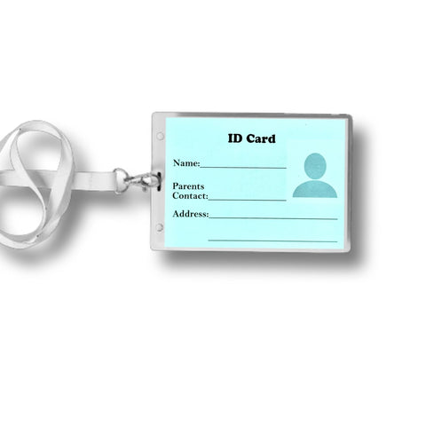 ID card holder with a light blue card on a white background. Airport Travel Kit for Children with Special Needs available at go science image 2