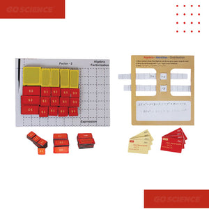 Educational algebra teaching materials with red, yellow, and beige blocks on a white background. Algebra_Factorisation_grade_8_school_project_math_project_product_image_1_goscience