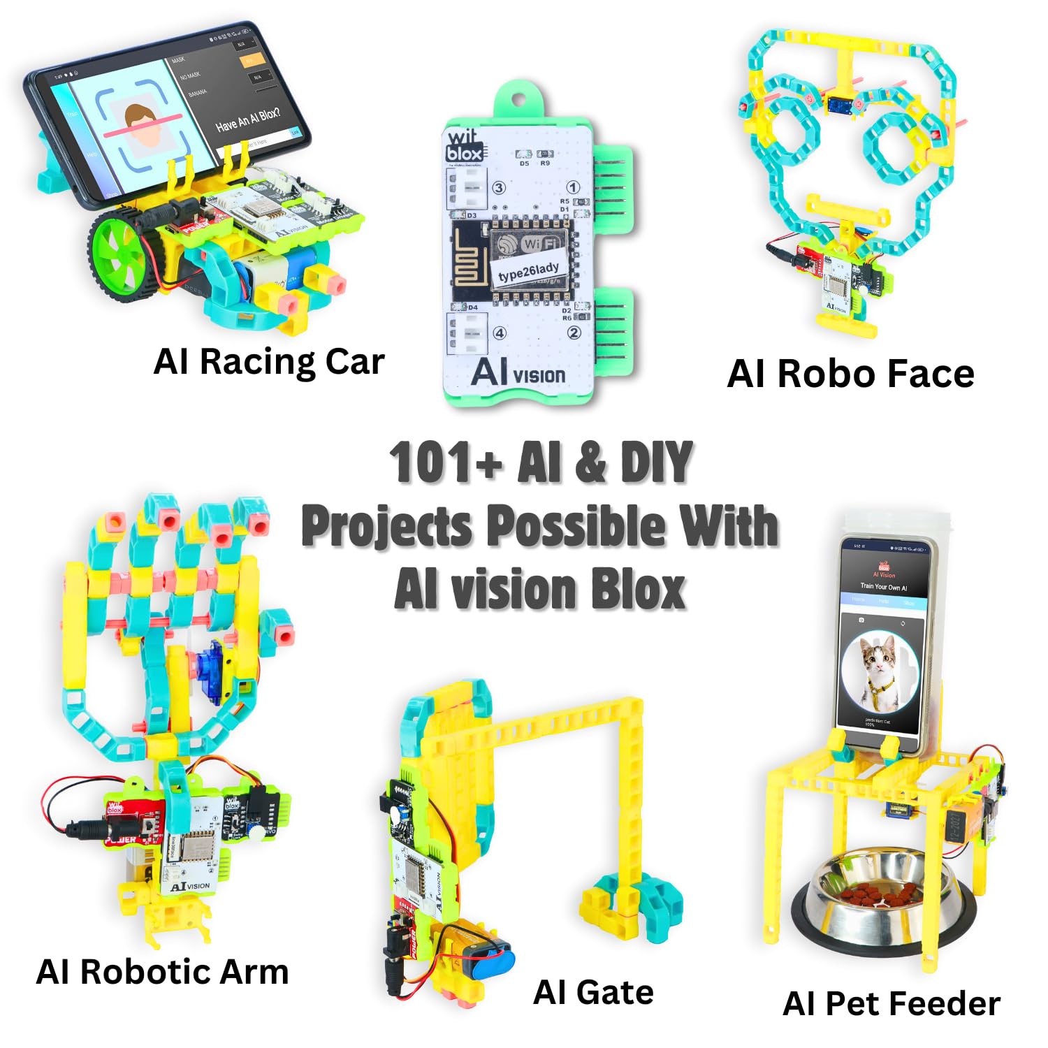 AI vision Blox educational toys with various projects on a white background