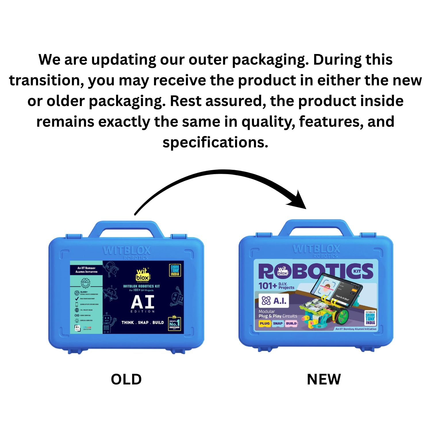Comparison of old and new product packaging with text about packaging update.