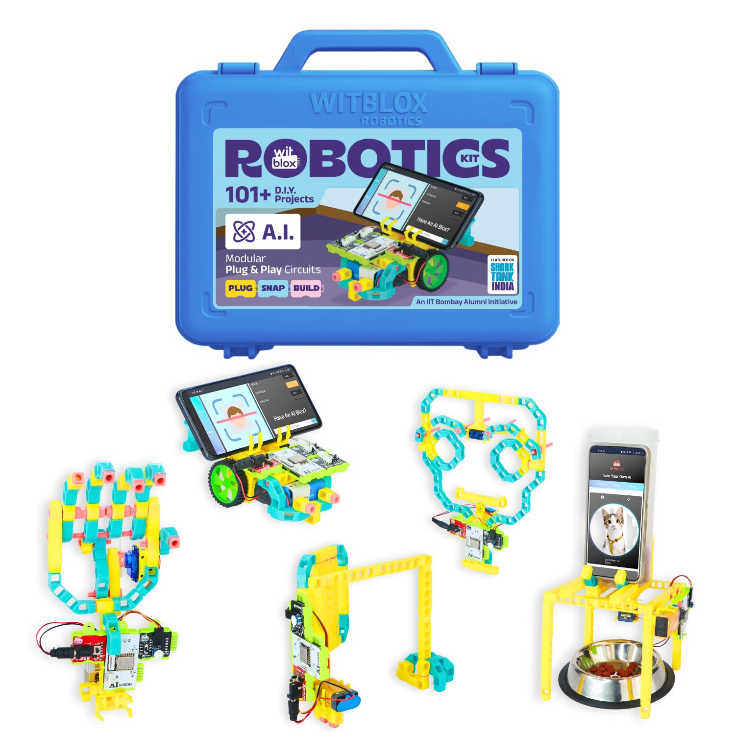 Witblox Robotics Kit with blue carrying case and various robot models on a white background