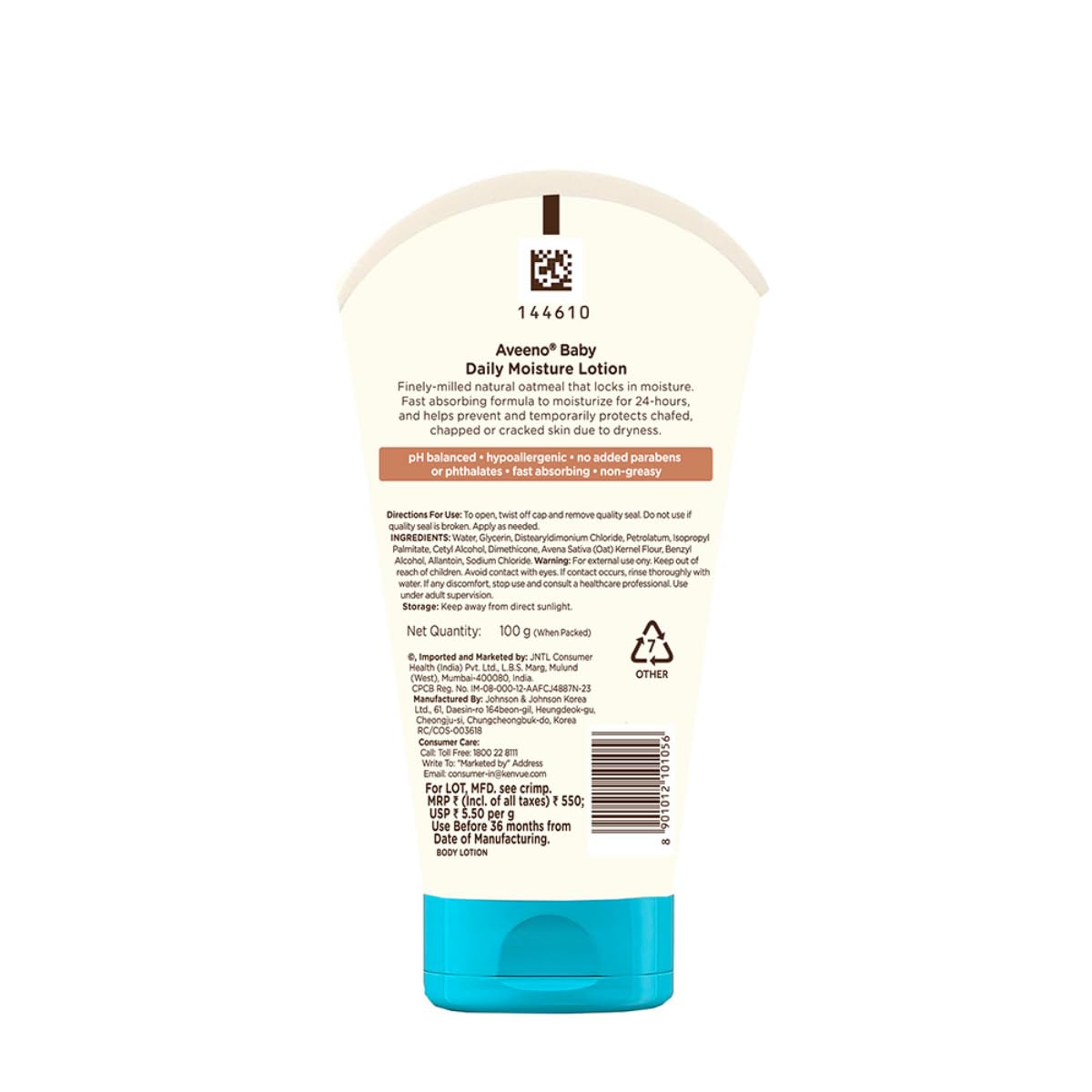 Aveeno Baby Daily Moisture Lotion bottle with label on a white background. Aveeno Baby Daily Moisture Lotion 100g at go littles product image 2