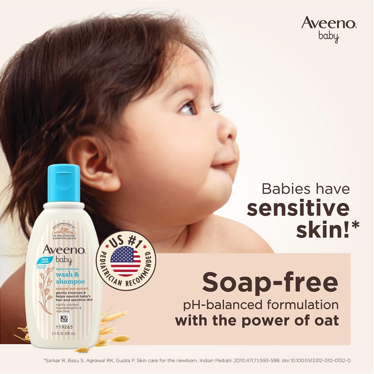 Aveeno baby wash and shampoo bottle with a child and product details on a beige background. Aveeno Baby Daily Moisture Wash & Shampoo 100ml at go littles product image  2