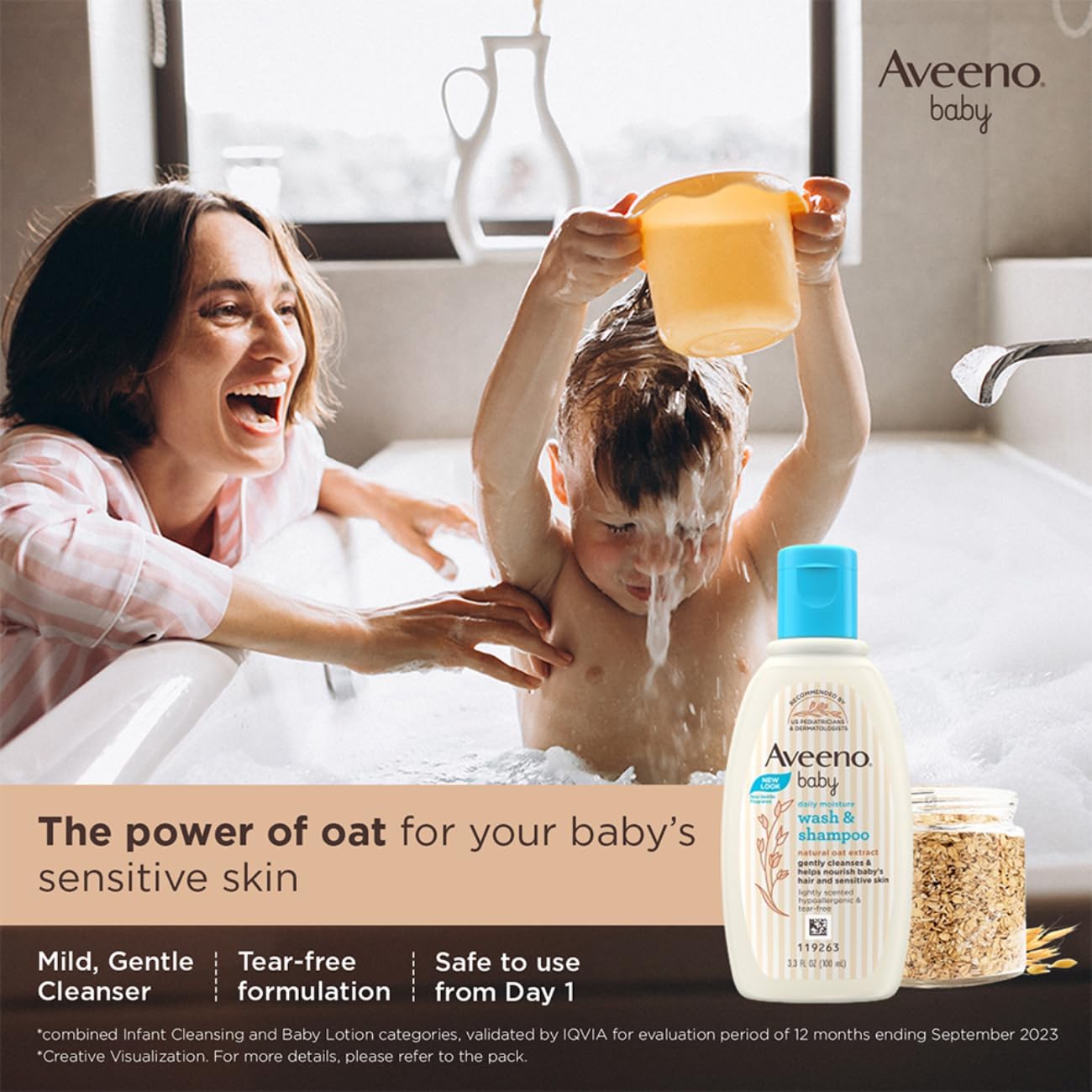 Woman and child in a bath with Aveeno baby product displayed. Aveeno Baby Daily Moisture Wash & Shampoo 100ml at go littles product image  4