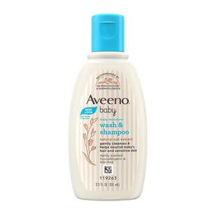 Aveeno baby wash and shampoo bottle on a white background. Aveeno Baby Daily Moisture Wash & Shampoo 100ml at go littles product main image 