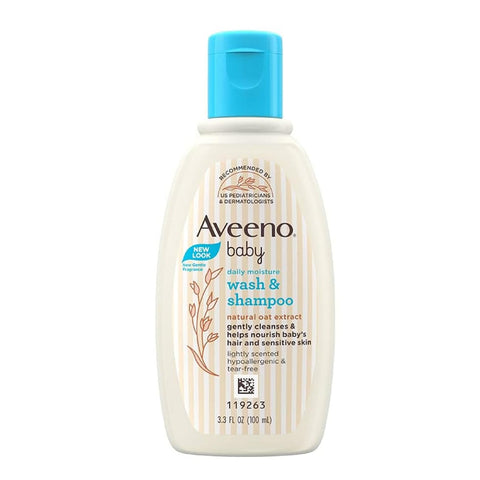 Aveeno baby wash and shampoo bottle on a white background. Aveeno Baby Daily Moisture Wash & Shampoo 100ml at go littles product main image 