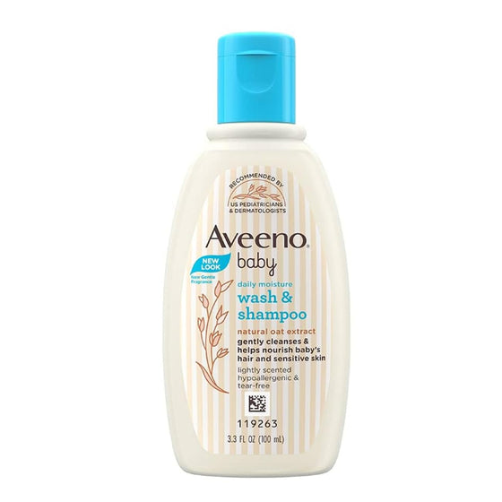 Aveeno baby wash and shampoo bottle on a white background. Aveeno Baby Daily Moisture Wash & Shampoo 100ml at go littles product main image 