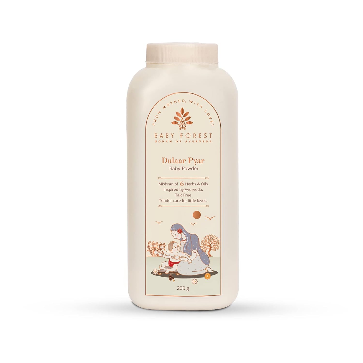 Baby Forest Baby powder bottle with a decorative label on a white background