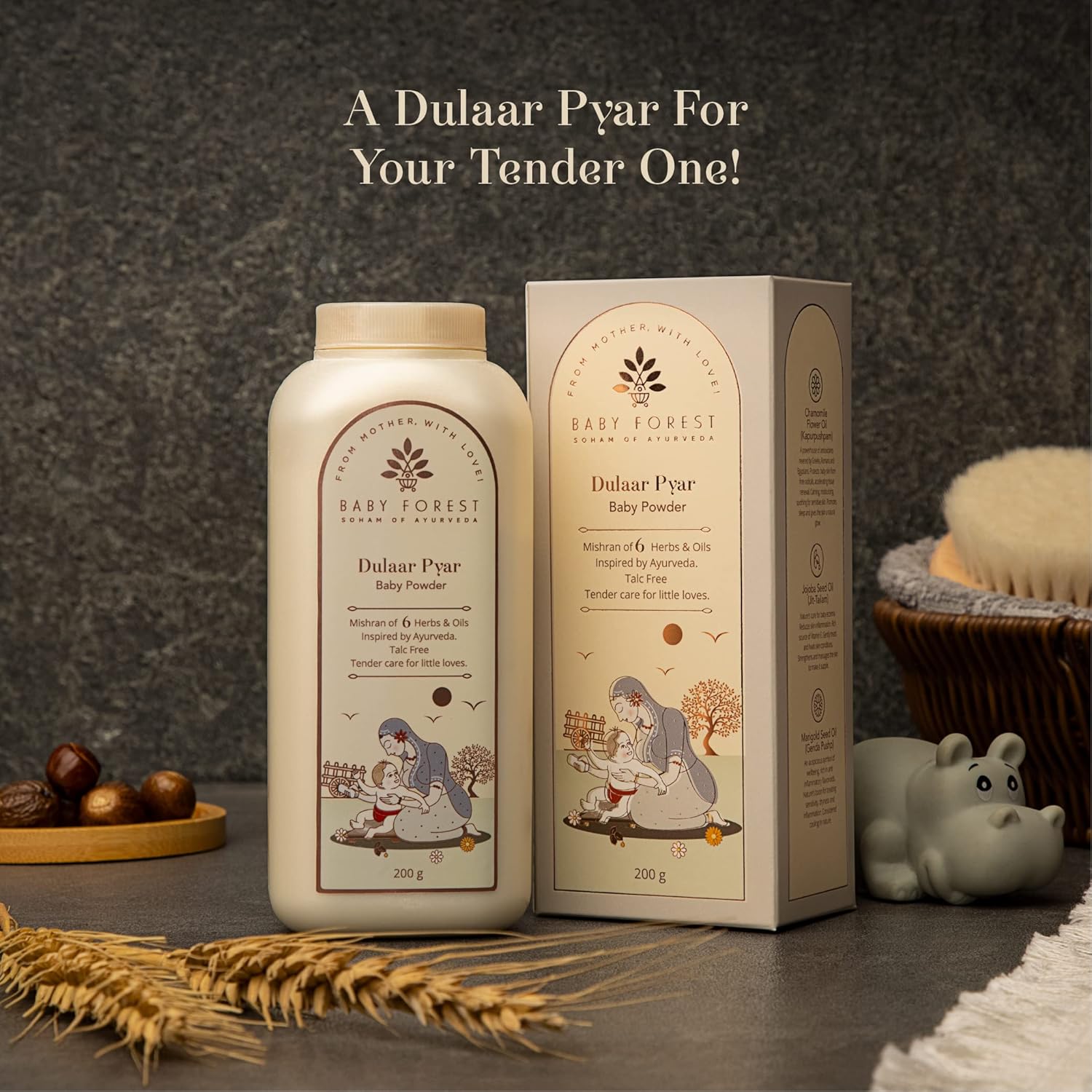 Baby powder bottle and packaging with 'Baby Forest' branding on a dark background