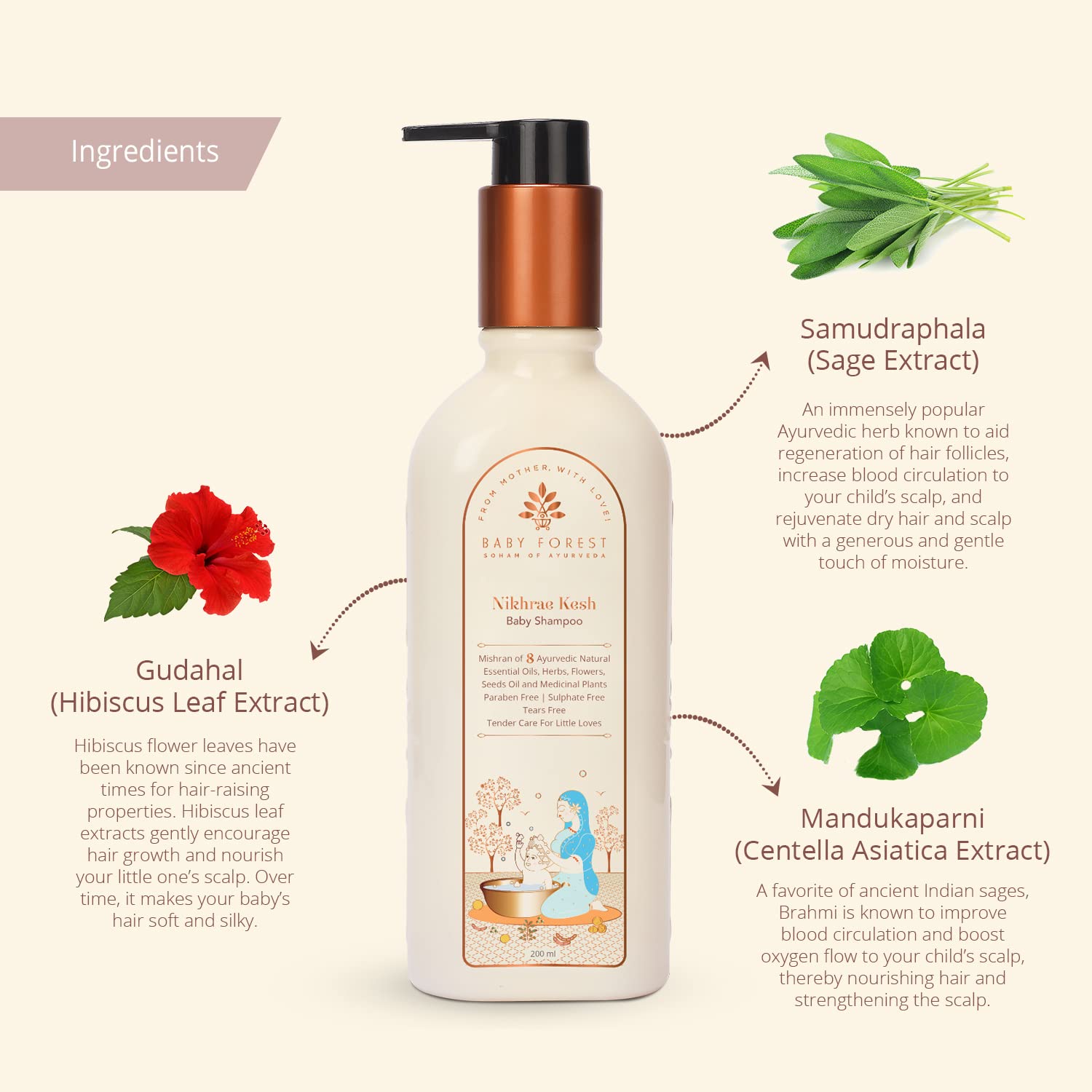 Baby Forest Baby shampoo bottle with ingredients listed on a beige background