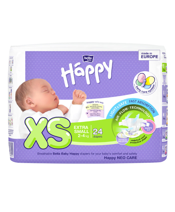 Bella Baby Happy Extra Small diapers packaging with a baby illustration on a white background. Bella Baby Diaper XS(24’s) go littles main product image
