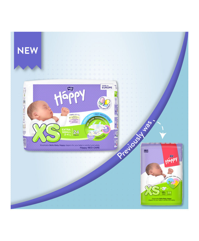 Happy XS baby diapers packaging on a blue background with a purple border. Bella Baby Diaper XS(24’s) go littles product image 2