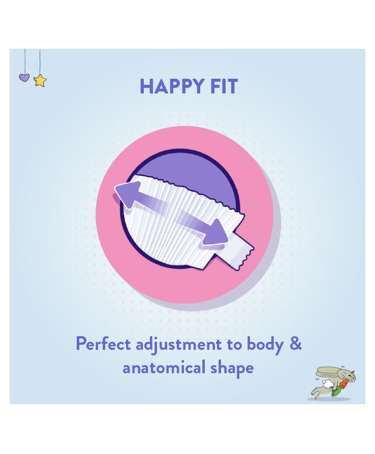 Advertisement for 'Happy Fit' with a circular icon and text on a light blue background. Bella_Baby_Diaper_XS_24_s_go_littles_product_image_5