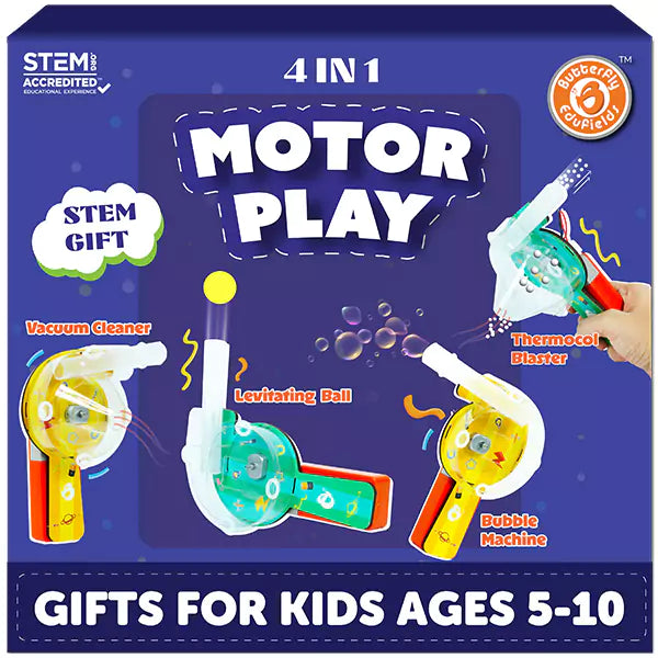 Box of a '4 in 1 Motor Play' toy set with various toys on a blue background. Butterfly_4_in_1_Motor_Play_at_Go_Science_Product_image_6