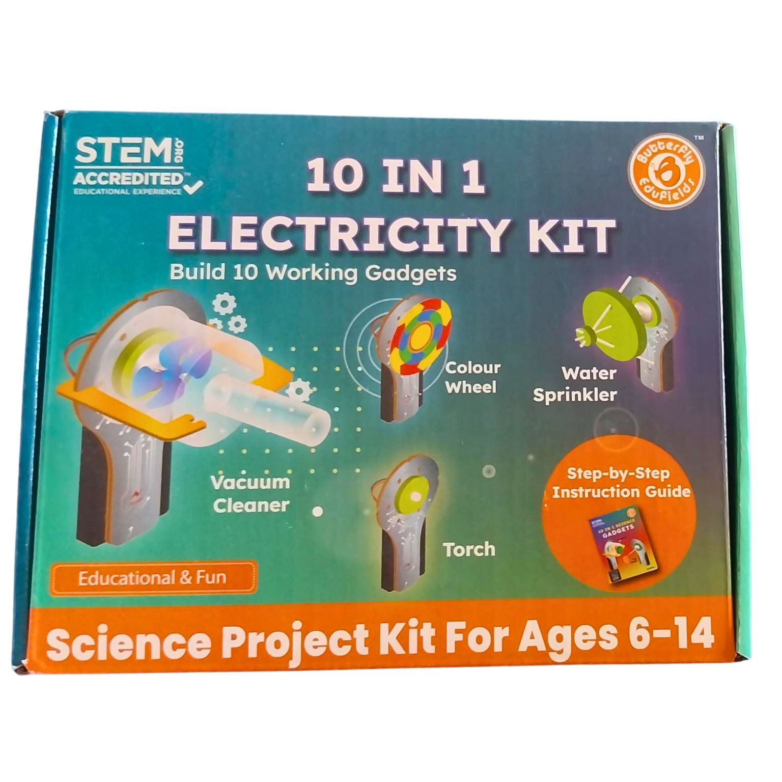Box of a 10-in-1 Electricity Kit with illustrations and text on a white background. Butterfly_EduFields_10_in_1_Ultimate_Electricity_Kit_at_Go_Science_image_1