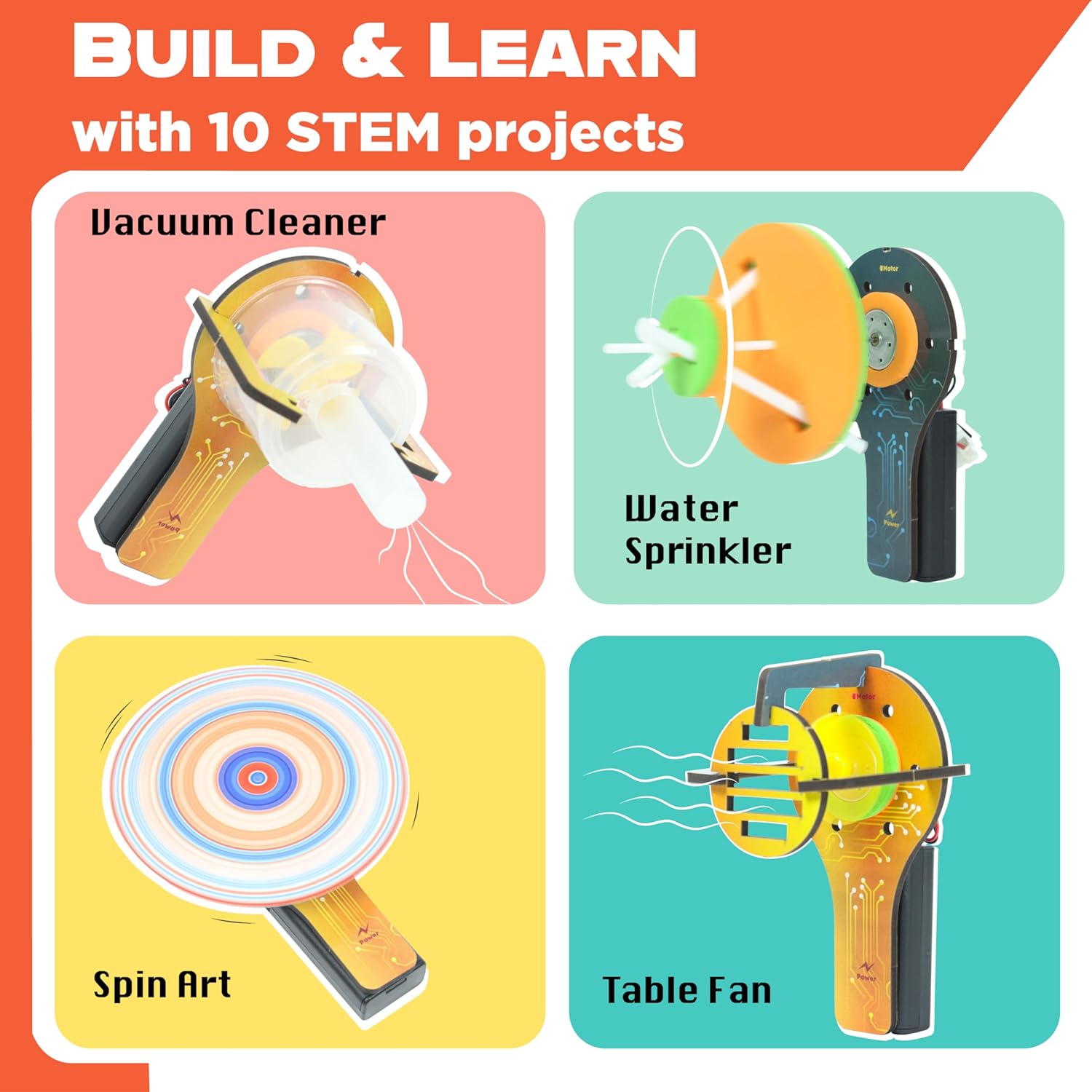 Educational kit cover with illustrations of STEM projects including a vacuum cleaner, water sprinkler, spin art, and table fan.  Butterfly EduFields 10in1 Ultimate Electricity Kit | Science Project Kit | Stem Toys for Kids at go science_image 2
