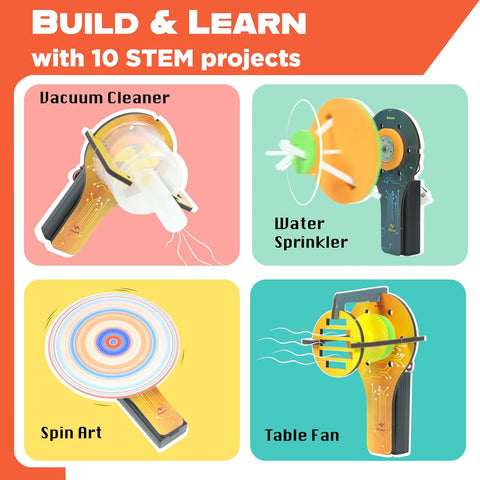 Educational kit cover with illustrations of STEM projects including a vacuum cleaner, water sprinkler, spin art, and table fan.  Butterfly EduFields 10in1 Ultimate Electricity Kit | Science Project Kit | Stem Toys for Kids at go science_image 2
