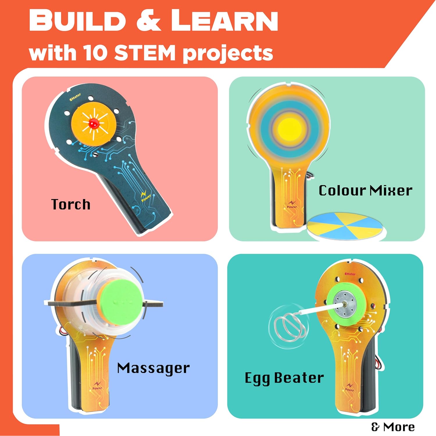 Educational toy set with torch, color mixer, massager, and egg beater on a colorful background.  Butterfly EduFields 10in1 Ultimate Electricity Kit | Science Project Kit | Stem Toys for Kids at go science_image 4
