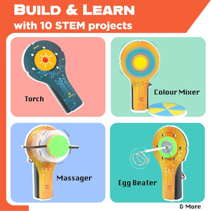 Educational toy set with torch, color mixer, massager, and egg beater on a colorful background.  Butterfly EduFields 10in1 Ultimate Electricity Kit | Science Project Kit | Stem Toys for Kids at go science_image 4