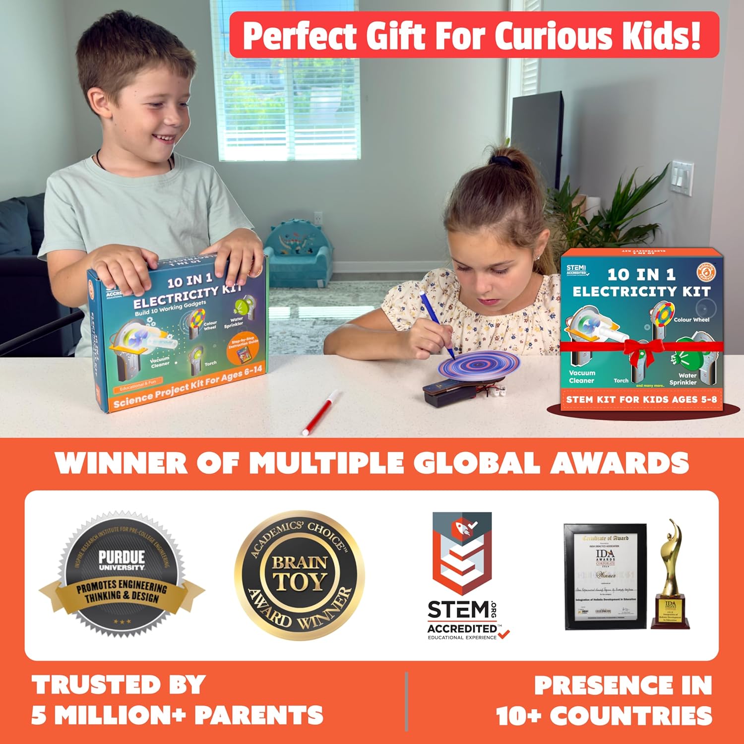 Two children with electricity kits and awards on a table, with text about the product's features.  Butterfly EduFields 10in1 Ultimate Electricity Kit | Science Project Kit | Stem Toys for Kids at go science_image 5