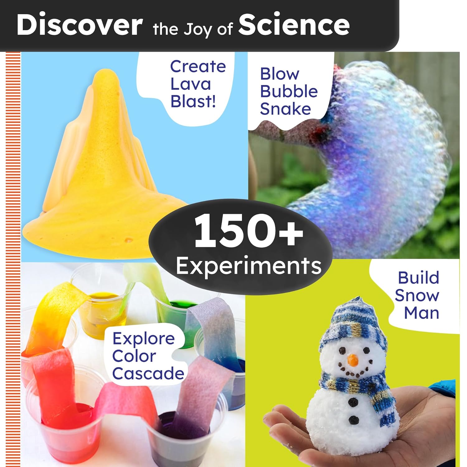 Science experiment kit with lava blast, bubble snake, color cascade, and snowman building activities.