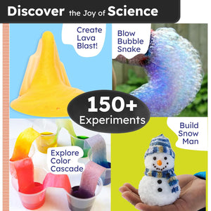 Science experiment kit with lava blast, bubble snake, color cascade, and snowman building activities.