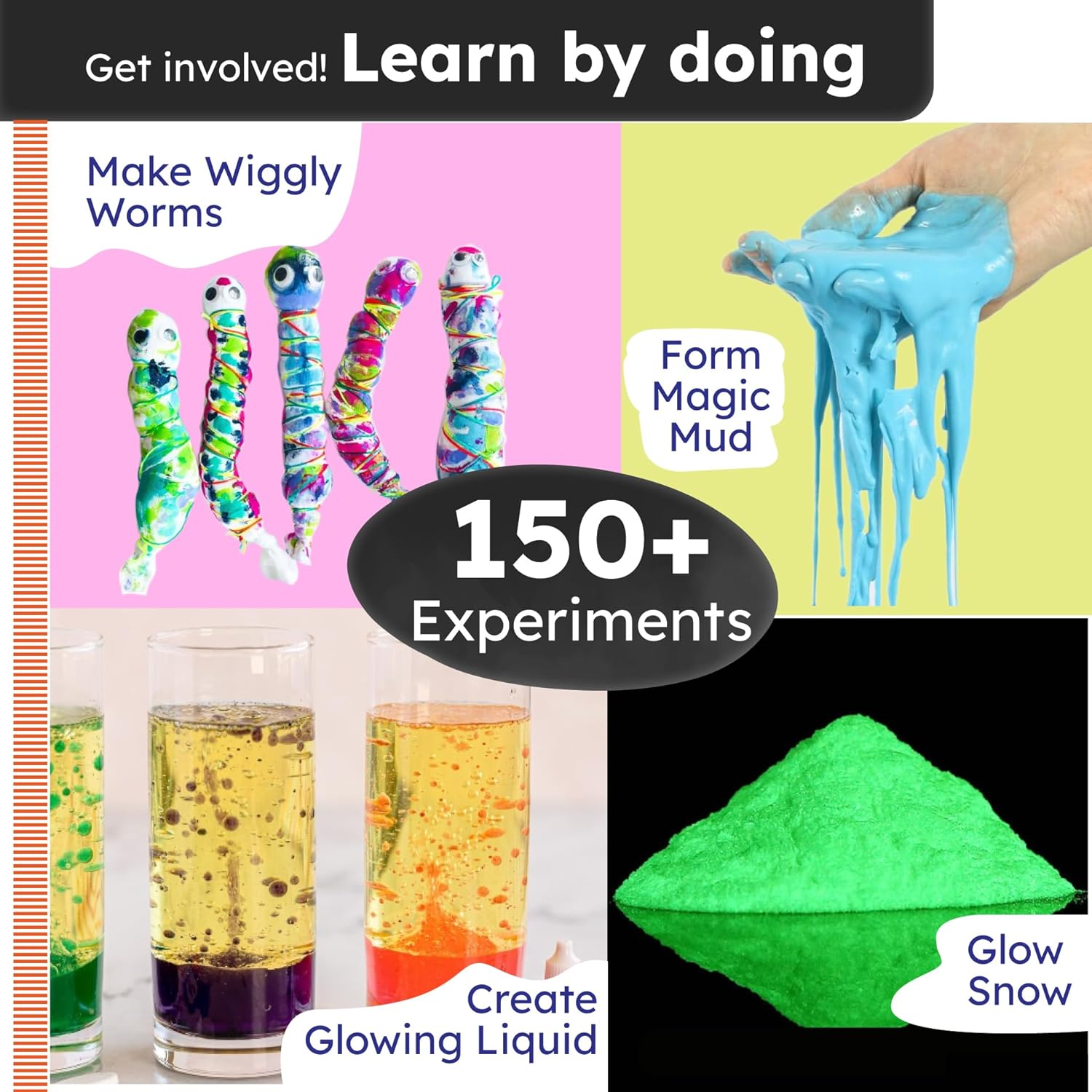 Collage of science experiment activities with text on a black background