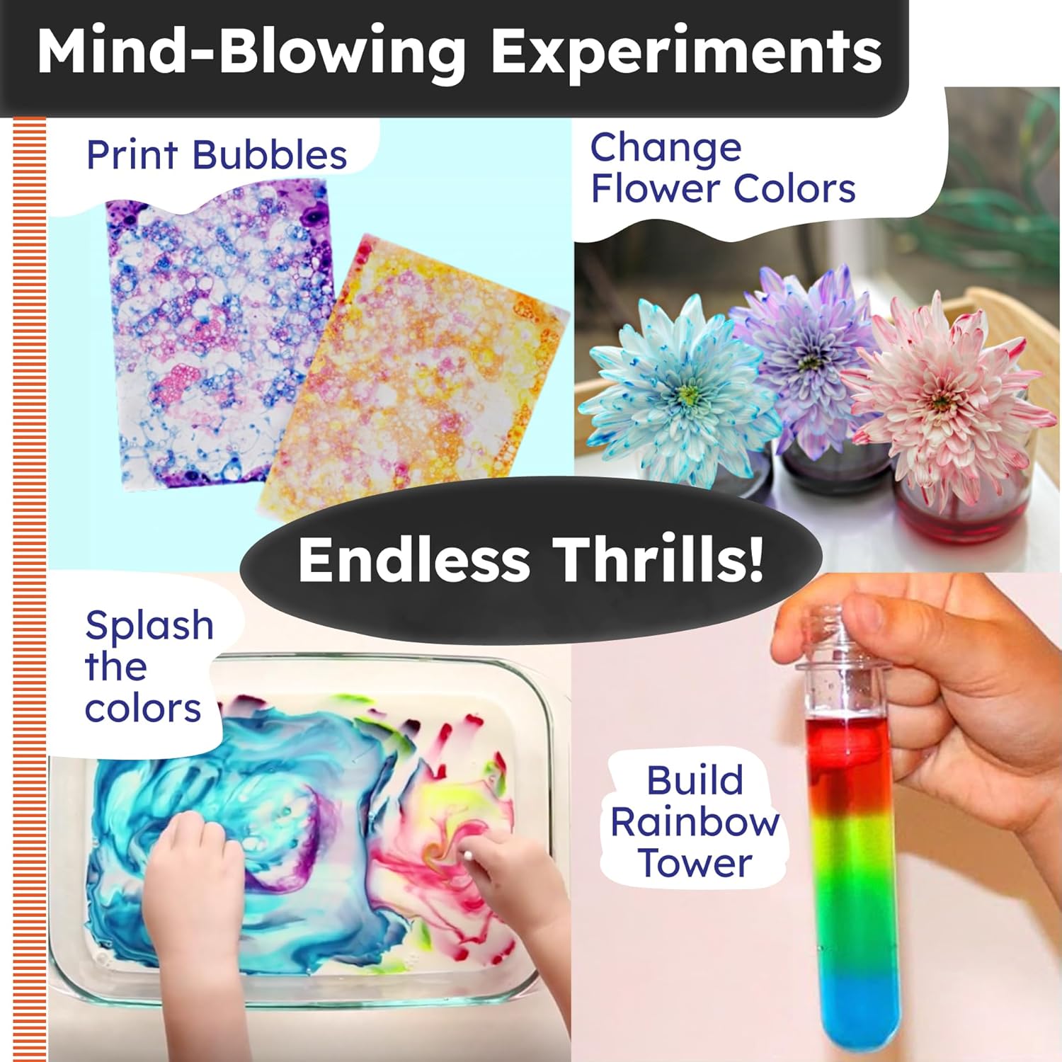 Collage of science experiments with text on a colorful background