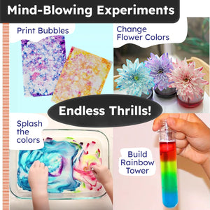 Collage of science experiments with text on a colorful background