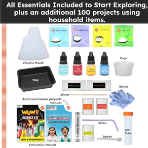 Science experiment kit with various items including a volcano mold, cups, gloves, and an instruction manual.