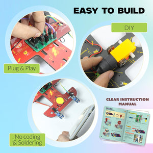 DIY electronic project kit with hands-on assembly, plug & play components, and clear instruction manual on a light blue background. Butterfly EduFields  40 In 1 Stem Robotics Kit available at Go Science product image 3