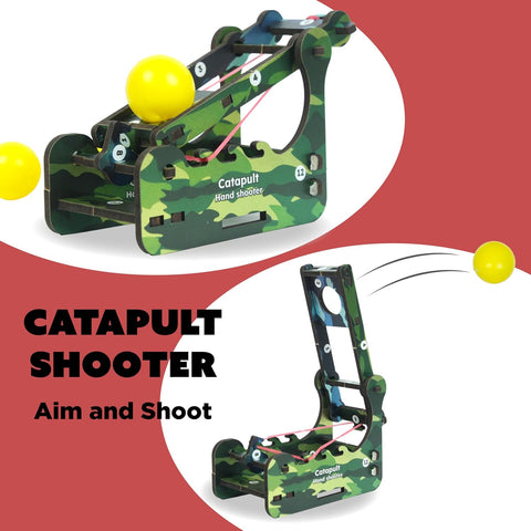Camouflage-patterned catapult shooter with yellow ball on a red and white background,  Butterfly EduFields DIY Catapult Shooter Science Kit_available at go science image 2