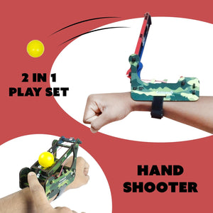 Handheld shooter toy with camouflage design on a red and white background.  Butterfly EduFields DIY Catapult Shooter Science Kit_available at go science image 3