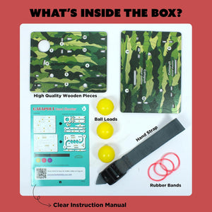 Camouflage-themed product set with wooden pieces, balls, strap, and rubber bands on a red background.  Butterfly EduFields DIY Catapult Shooter Science Kit_available at go science image 5