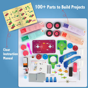 Science experiment kit with parts and instructions on a white background