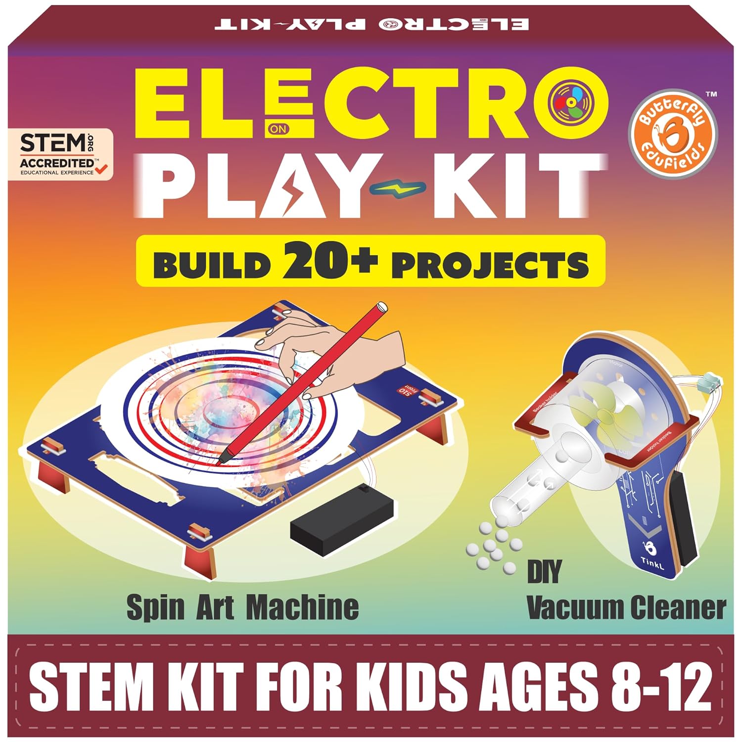 Electro Play Kit packaging with images of a spin art machine and vacuum cleaner, and text about building projects and target age group.